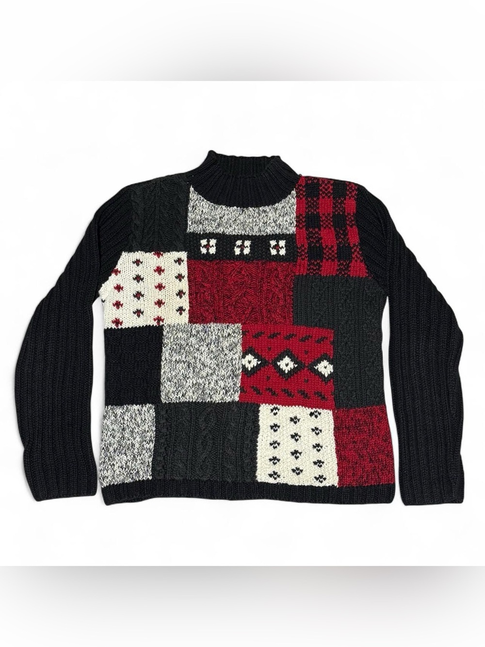 Vintage Black, Red & Cream Patchwork Cable Turtleneck Sweater Medium Holiday